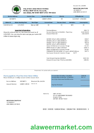 USA Michigan City of Ann Arbor Water Utilities business utility bill template in Word and PDF formats
